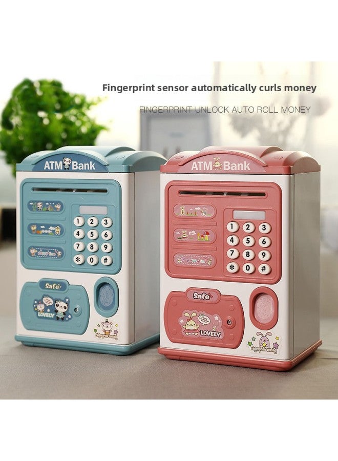 Children's Simulation Password Fingerprint Induction Unlocking Piggy Bank Electric Sound And Light Automatic Money Rolling Safe Toy-Color:Cartoon Fingerprint Unlock Piggy Bank [blue]] - Image 2