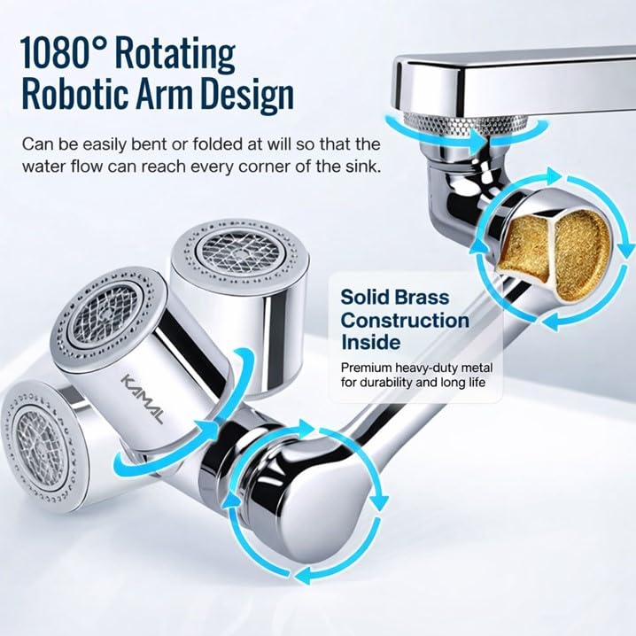 KAMAL 1080° Full Brass Swivel Aerator Faucet Extender with 2 Water Modes Stream & Shower, Rotatable Robotic Arm Tap Extension, Universal Kitchen Bathroom Sink Attachment, Anti-Splash Water Saving - Image 3