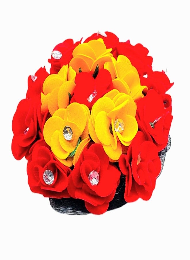 DIAN Red & Yellow Full Bun Juda Maker Flower Gajra Hair Accessories, Artificial Juda Hair Accessories, Gajra Hair Accessories Rubber Band for Women and Girls, Flower Work Juda - Image 4