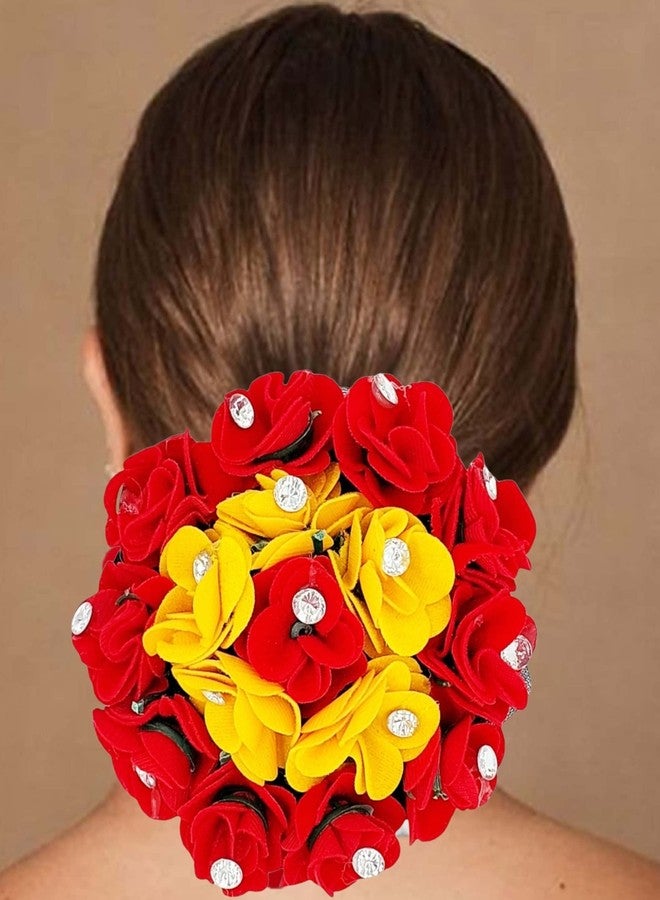 DIAN Red & Yellow Full Bun Juda Maker Flower Gajra Hair Accessories, Artificial Juda Hair Accessories, Gajra Hair Accessories Rubber Band for Women and Girls, Flower Work Juda - Image 2