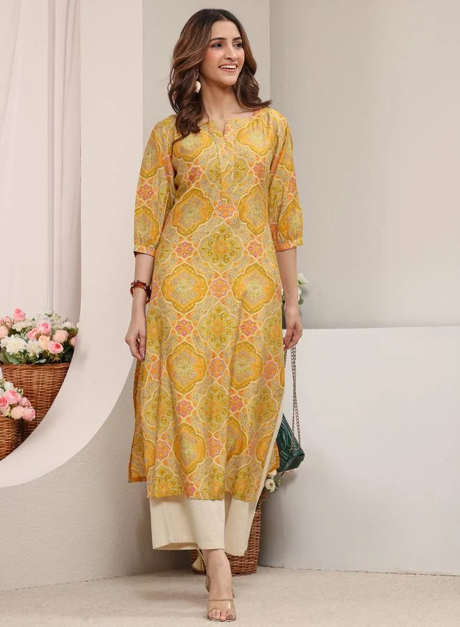 Libas Yellow Ethnic Motif Silk Blend Straight-Fit Kurta