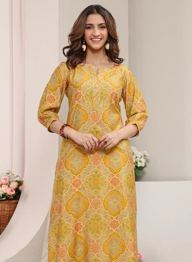 Libas Yellow Ethnic Motif Silk Blend Straight-Fit Kurta