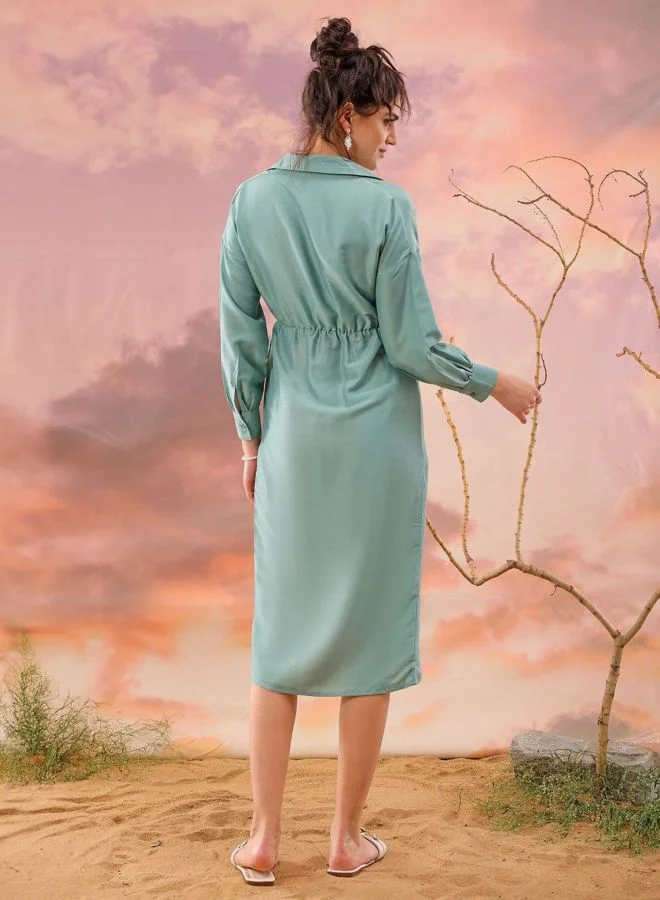 Freehand  Women Regular Fit Solid Shirt Collar Long Sleeve Wrap Dress for Women | Best Price UAE