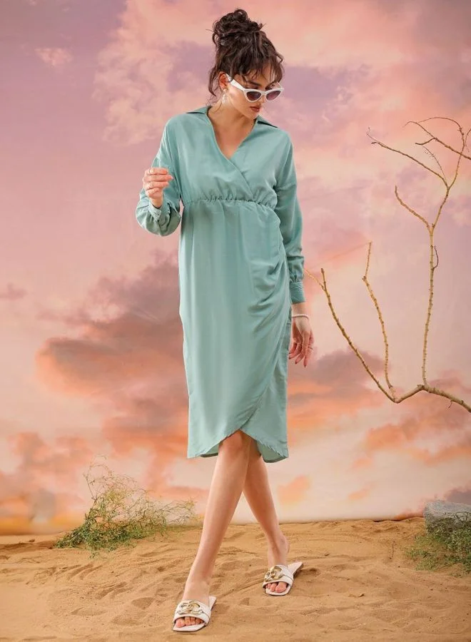 Freehand  Women Regular Fit Solid Shirt Collar Long Sleeve Wrap Dress for Women | Best Price UAE