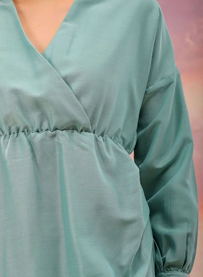 Freehand  Women Regular Fit Solid Shirt Collar Long Sleeve Wrap Dress for Women | Best Price UAE