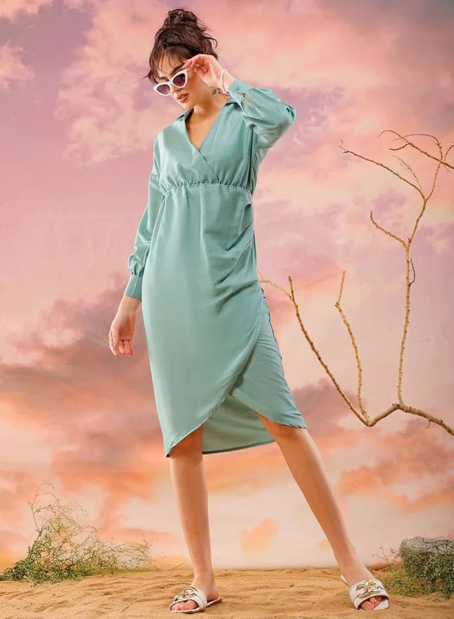 Women Regular Fit Solid Shirt Collar Long Sleeve Wrap Dress