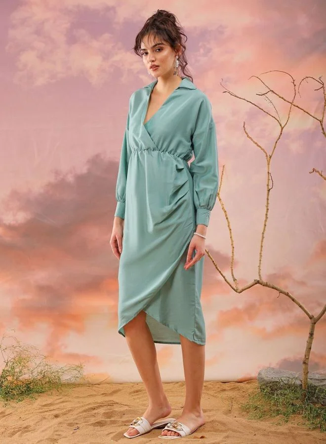 Freehand  Women Regular Fit Solid Shirt Collar Long Sleeve Wrap Dress for Women | Best Price UAE