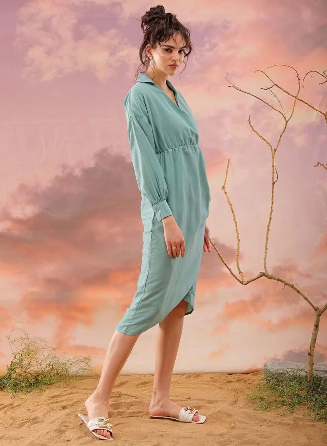 Freehand  Women Regular Fit Solid Shirt Collar Long Sleeve Wrap Dress for Women | Best Price UAE