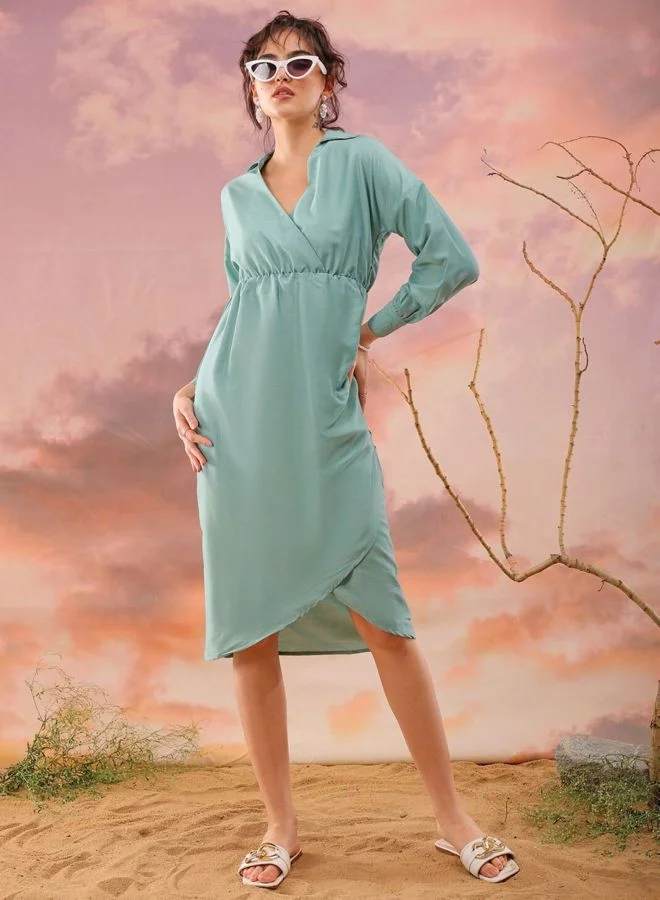 Freehand  Women Regular Fit Solid Shirt Collar Long Sleeve Wrap Dress for Women | Best Price UAE