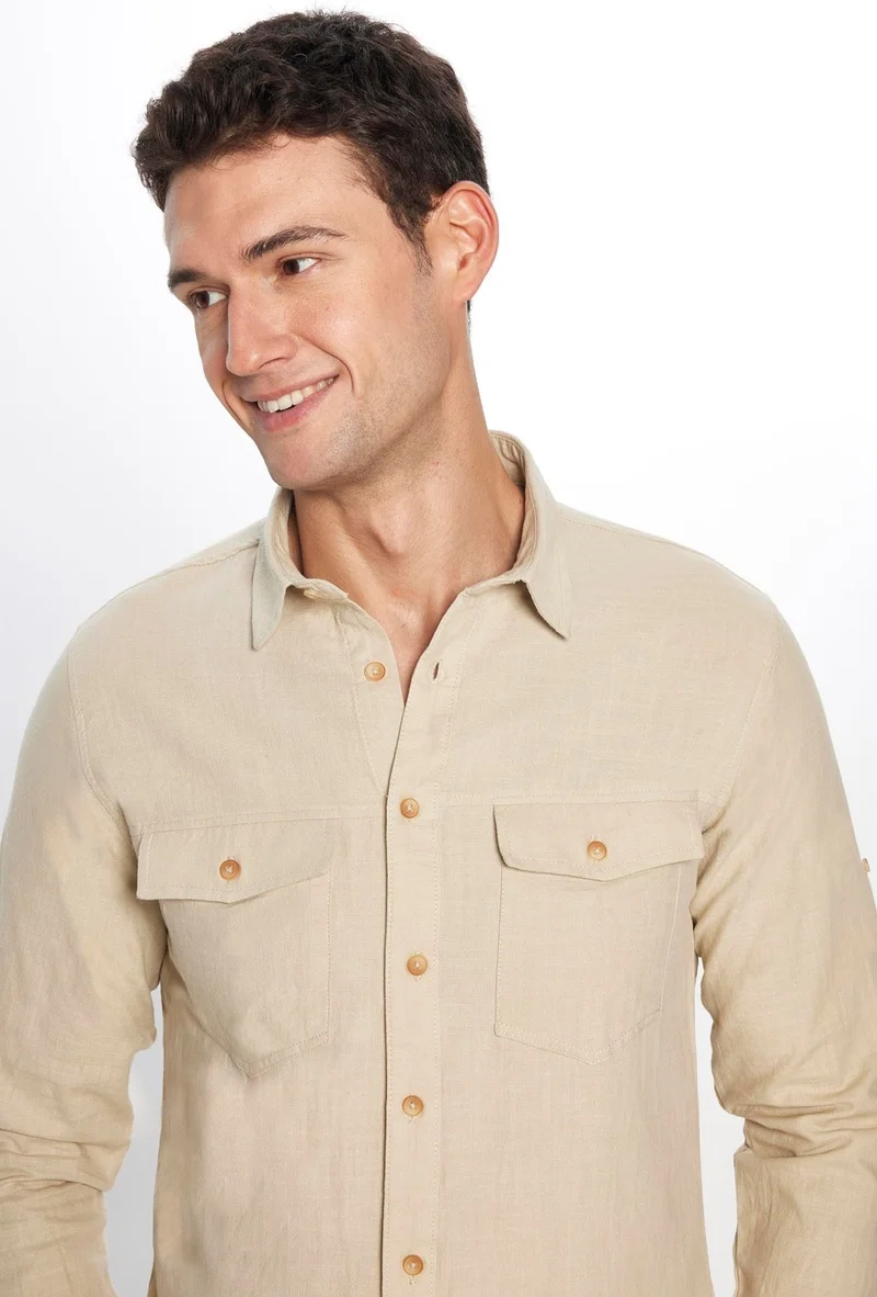 تودورس Men's Slim Fit Slim Fit Long Sleeve 100% Cotton Linen Texture Double Pocket Sport Collar Stone Color Shirt