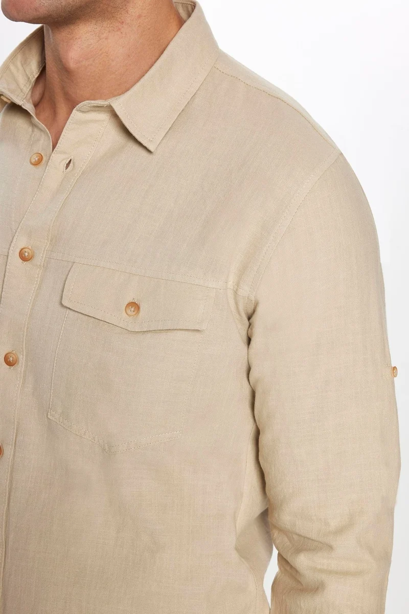 تودورس Men's Slim Fit Slim Fit Long Sleeve 100% Cotton Linen Texture Double Pocket Sport Collar Stone Color Shirt