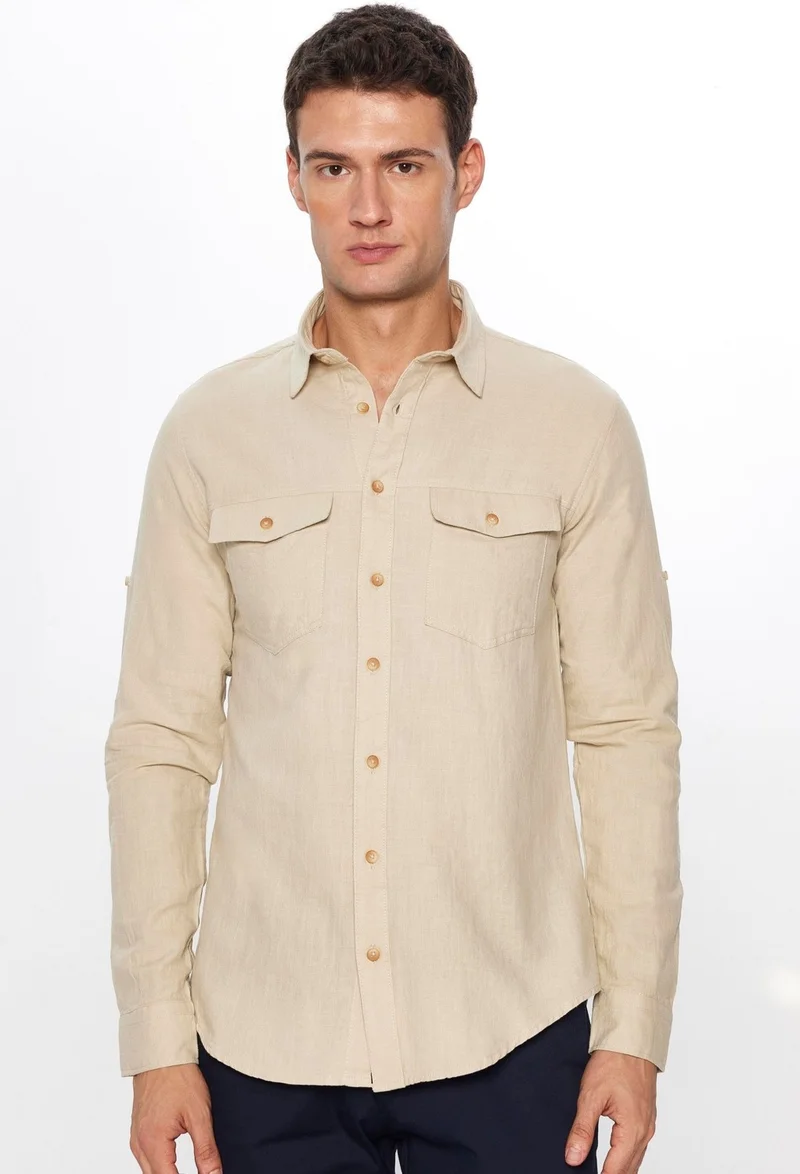 تودورس Men's Slim Fit Slim Fit Long Sleeve 100% Cotton Linen Texture Double Pocket Sport Collar Stone Color Shirt