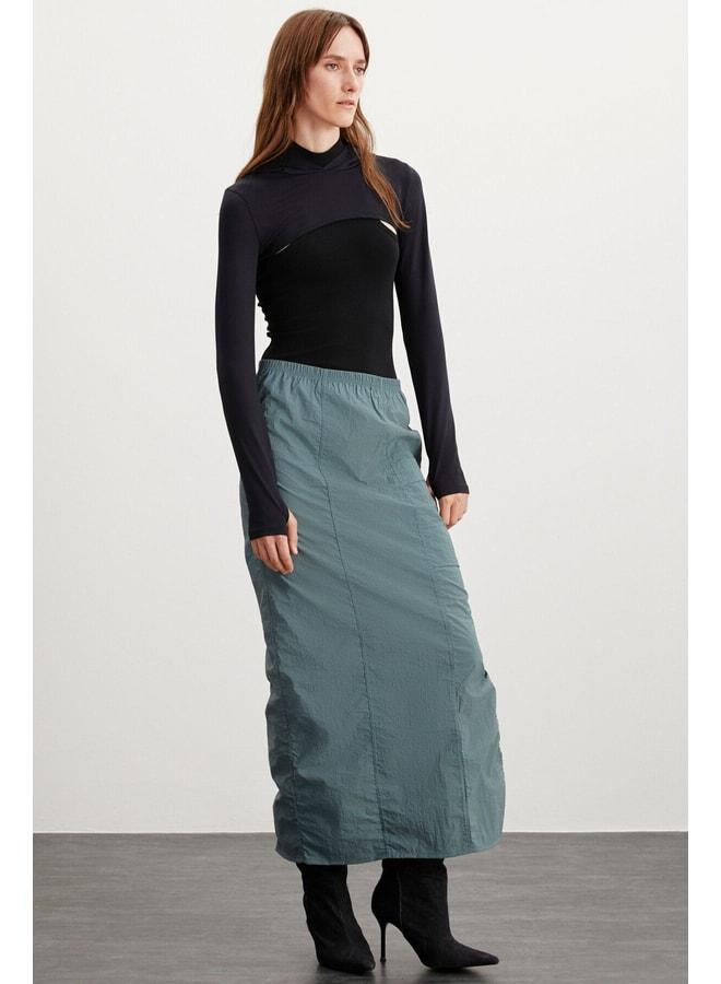 GRIMELANGE Cherı Women's Elastic Waist Waterproof Parachute Fabric Long Green Skirt. - Image 2