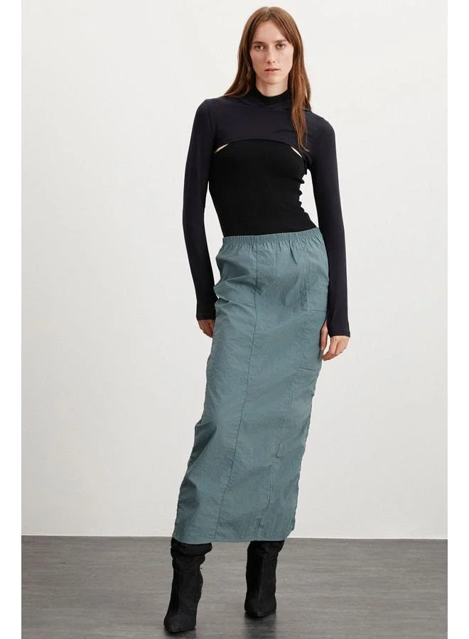 GRIMELANGE Cherı Women's Elastic Waist Waterproof Parachute Fabric Long Green Skirt.