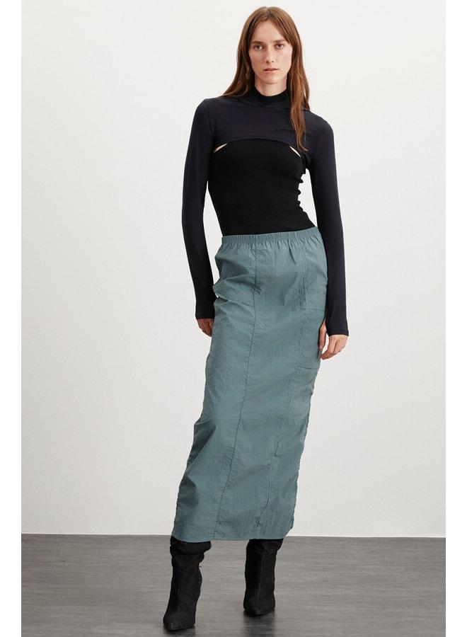 GRIMELANGE Cherı Women's Elastic Waist Waterproof Parachute Fabric Long Green Skirt. - Image 1