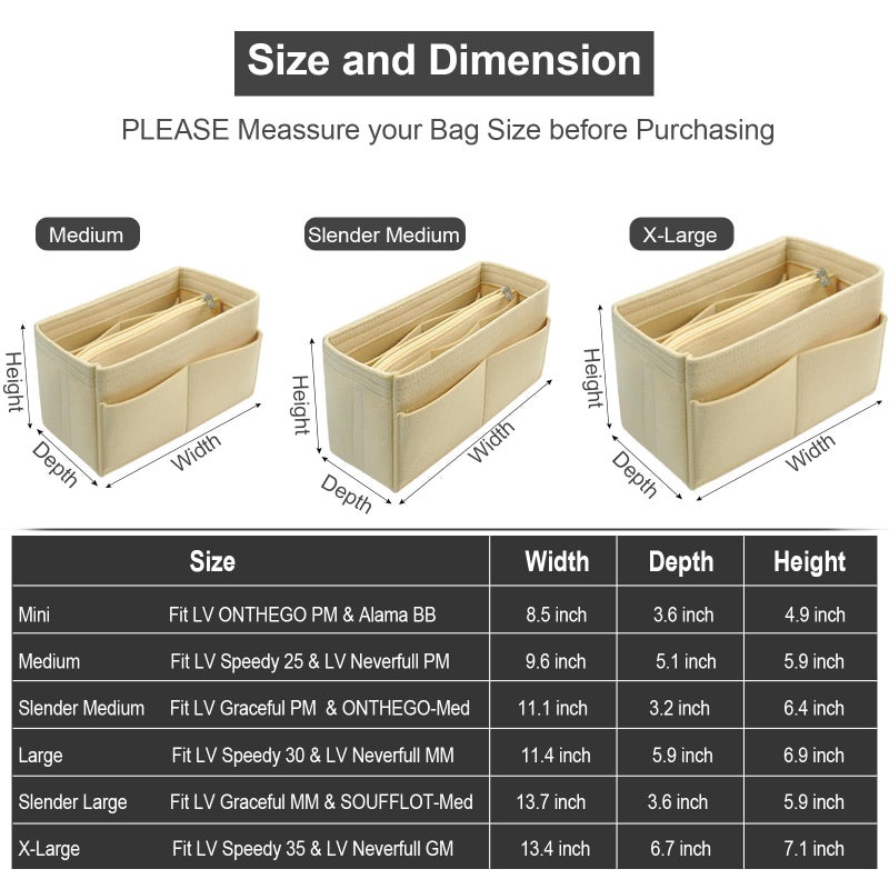 OMYSTYLE Beige Slender Medium Organizer Insert, Felt Tote Bag Organizer Insert with 5 Sizes, Handbag Dividers for Inside Purse, Compatible with Longchamp, Neverful, Speedy and More - Image 5