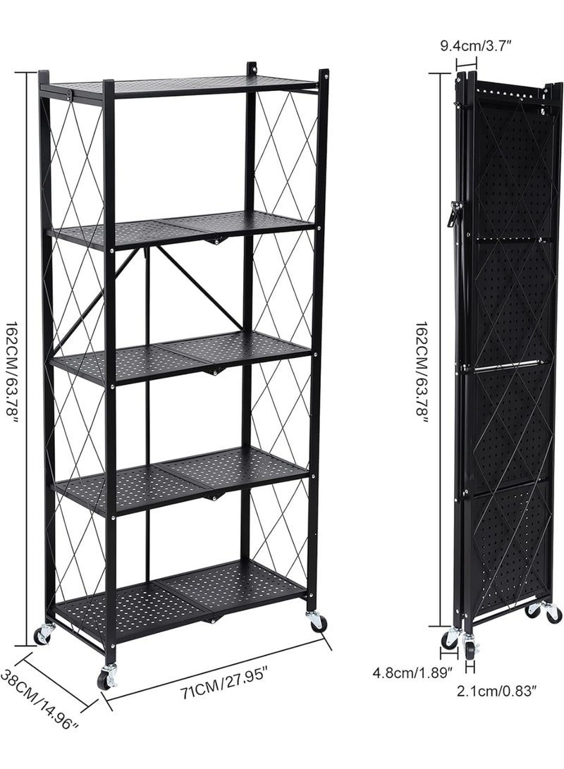 5-Tier Stand, Heavy Duty 5-Tier Foldable Metal Storage Shelving Unit with Wheels - Image 2