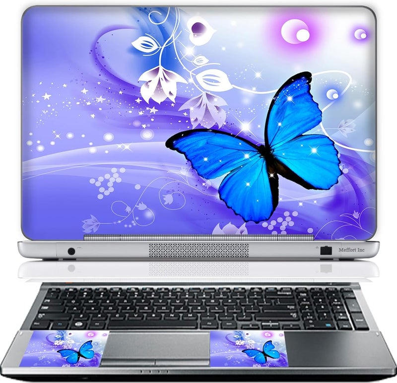 ميفورت إنك Meffort Inc 15 15.6 بوصة غطاء لاصق للكمبيوتر المحمول ملصق فني زخرفي (وسادة معصم مجانية) - فراشة زرقاء أرجوانية - Image 1
