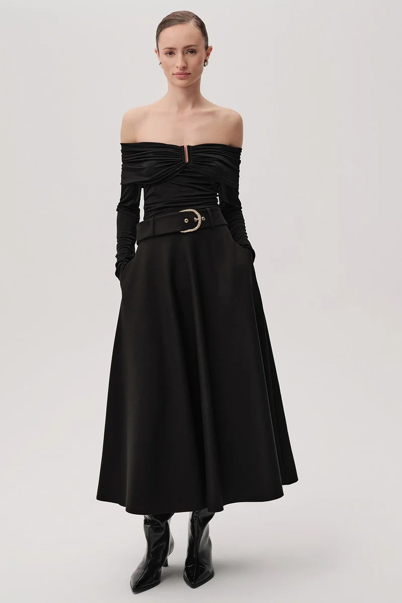 EXQUISE Regular Fit Midi Black Skirt with Belt Detail and Pockets