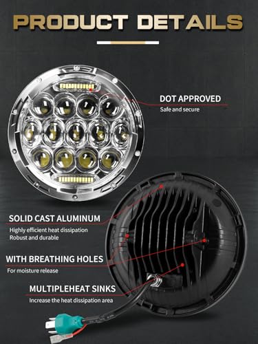 VI9000 7 Inch Led Headlight Round H6024 Led Headlight DOT Approved Hi/Lo Beam DRL Chrome Headlights Compatible With Jeep Wrangler JK JKU TJ LJ CJ Compatible With Chevy,Ford and Mazda Miata etc - Image 4