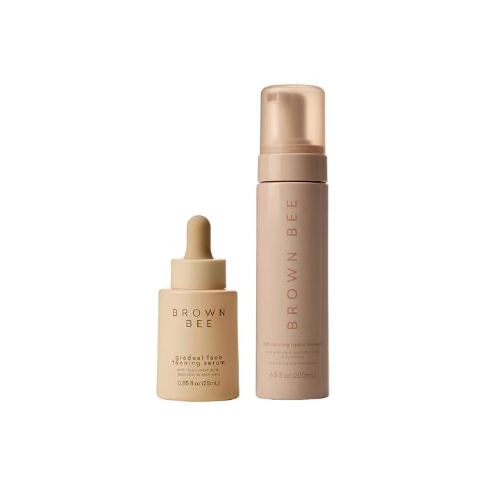 Brown Bee Face & Body Self Tanner Bundle – Peptide Gradual Face Tanning Serum 25 ml + Hydro Self Tanning Mousse 200 ml, Clear Fast-Drying Bronzing Foam with Hyaluronic Acid, Organic DHA & Vegan Formul