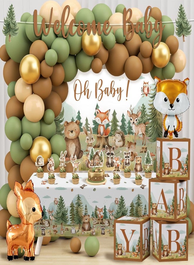 Heboland Woodland Baby Shower Decorations, Woodland Animals Themed Decor with Balloon Garland Arch | Baby Box | Tablecloth | Banner | Cake Topper for Neutral Forest Party - Image 1