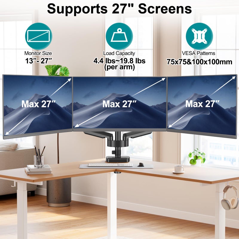 MOUNT PRO Triple Monitor Mount for 13-27 inch Screens, 3 Monitor Desk Mount, Height Adjustable Triple Display Stand, Full Motion Three Computer Arm Hold up to 17.6lbs Each, VESA 75x75, 100x100 - Image 3