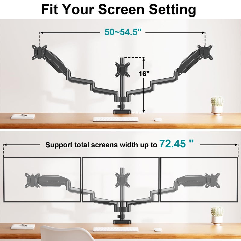 MOUNT PRO Triple Monitor Mount for 13-27 inch Screens, 3 Monitor Desk Mount, Height Adjustable Triple Display Stand, Full Motion Three Computer Arm Hold up to 17.6lbs Each, VESA 75x75, 100x100 - Image 4