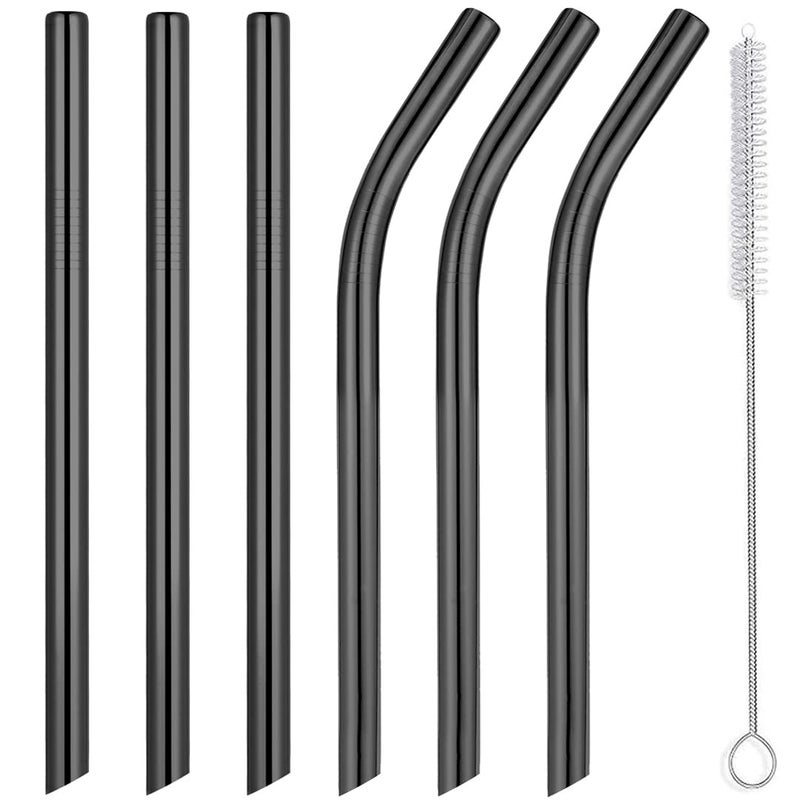 Vinaco Smoothie Straws Reusable & Milkshake Straws 0.5" Diam Wide Mouth Straw, Set of 6 Stainless Steel Straws 10.5" & 8.5" with 1 Long Straw Cleaner Brushï¼ŒBlack Metal Straws for Jumbo Thick Drinks - Image 1