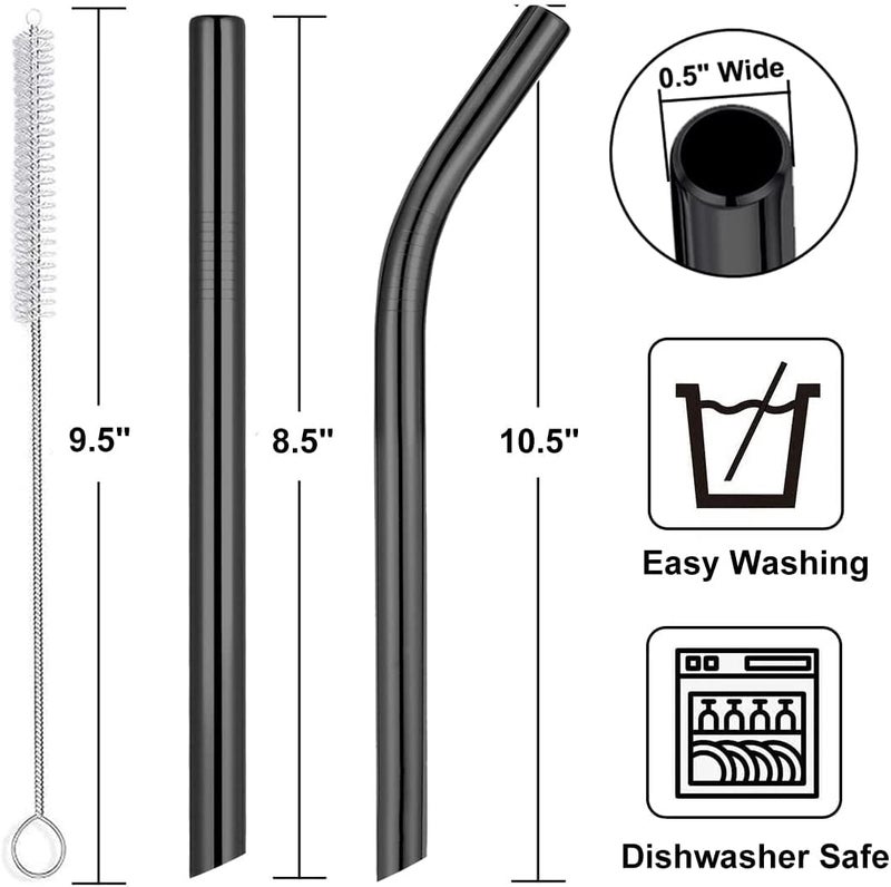 Vinaco Smoothie Straws Reusable & Milkshake Straws 0.5" Diam Wide Mouth Straw, Set of 6 Stainless Steel Straws 10.5" & 8.5" with 1 Long Straw Cleaner Brushï¼ŒBlack Metal Straws for Jumbo Thick Drinks - Image 2