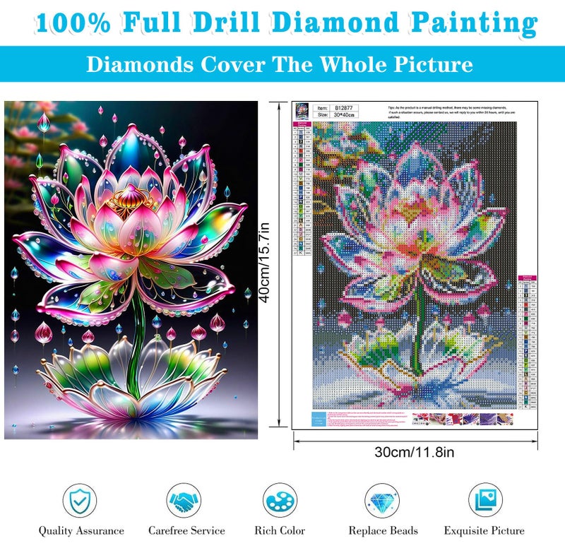 Meothan Lotus Diamond Painting Kits for Adults Beginners - Lotus Flowers Diamond Art Kits for Adults, Full Drill DIY 5D Diamond Painting Flowers Gem Art Crafts Kits for Home Wall Decor 12x16 in - Image 3