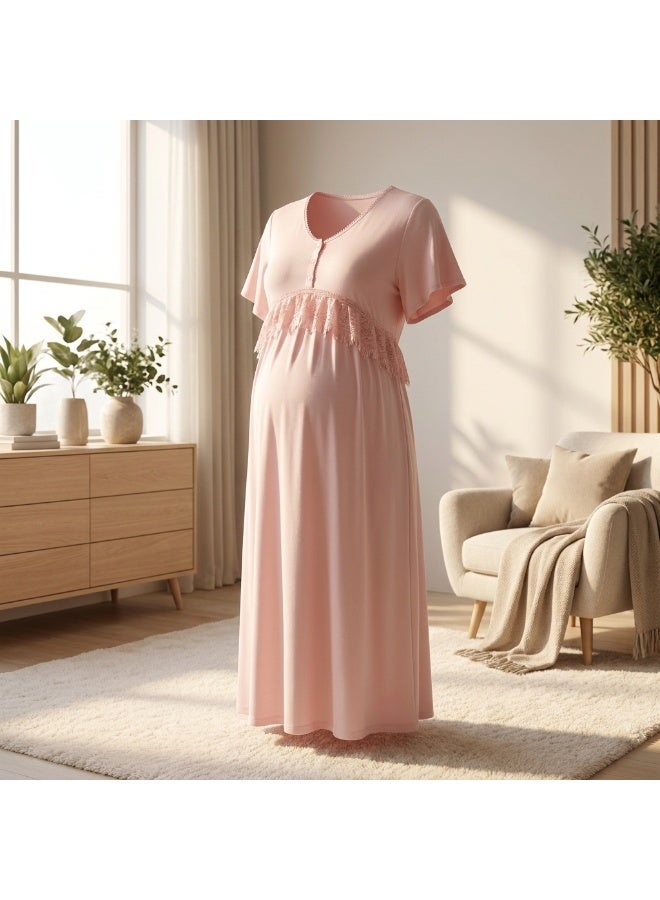 Lady Lingerie Long Maternity & Nursing Nightgown | Short Sleeve Button-Front Nightdress with Lace Detail | Soft Cotton Viscose Blend | Made in Turkey - Image 3