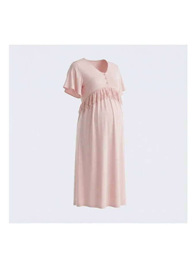 Lady Lingerie Long Maternity & Nursing Nightgown | Short Sleeve Button-Front Nightdress with Lace Detail | Soft Cotton Viscose Blend | Made in Turkey - Image 5
