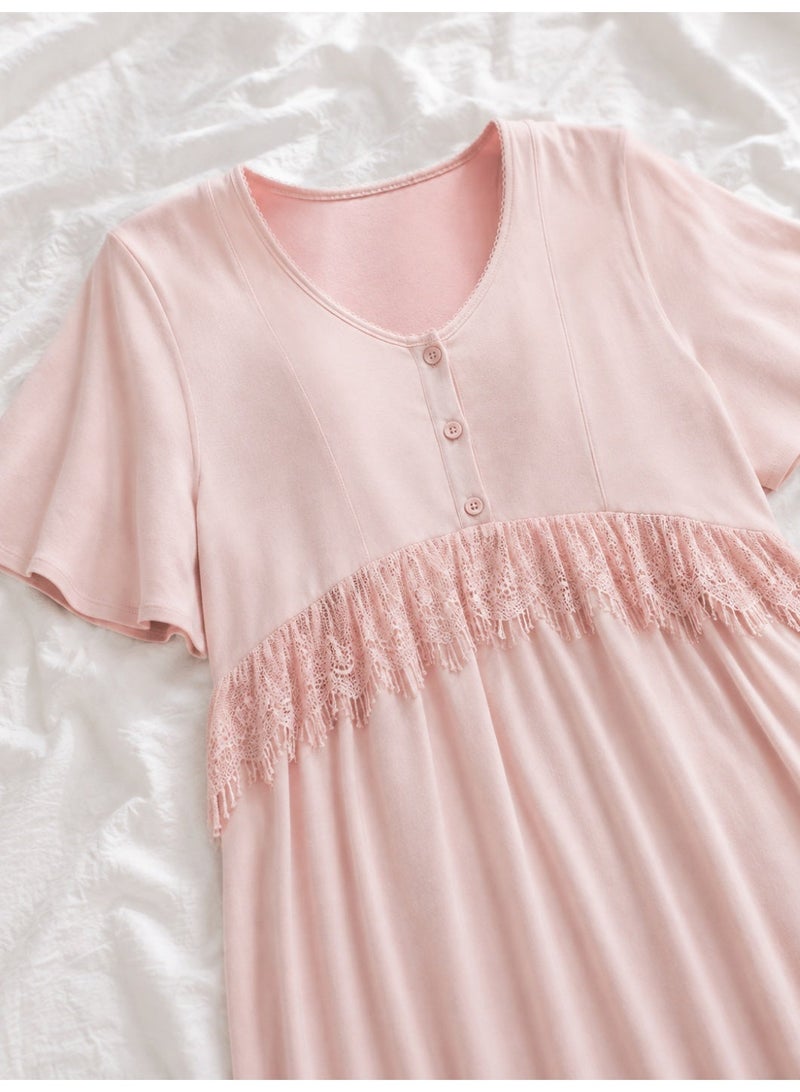 Lady Lingerie Long Maternity & Nursing Nightgown | Short Sleeve Button-Front Nightdress with Lace Detail | Soft Cotton Viscose Blend | Made in Turkey - Image 2