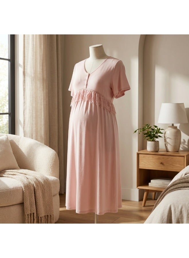 Lady Lingerie Long Maternity & Nursing Nightgown | Short Sleeve Button-Front Nightdress with Lace Detail | Soft Cotton Viscose Blend | Made in Turkey - Image 3