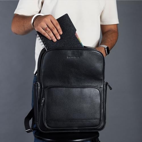 BROWN BEAR Havana Laptop Backpack 02 | Black Leather Office Bag For Man | Front & Side Pockets | Full-Grain Leather Laptop Bags for Men Office Use | Spacious Design for Work and Travel - Image 2