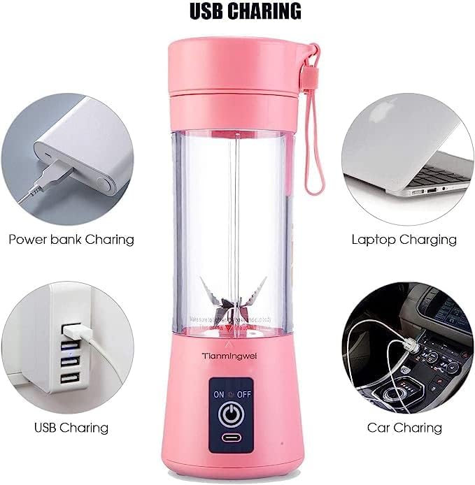 TMW Tianmingwei Portable Blender USB Personal Juicer Cup 6 Blades Rechargeable Fruit Mixing Machine for Baby Travel 400ml[New Version] (Pink) - Image 4