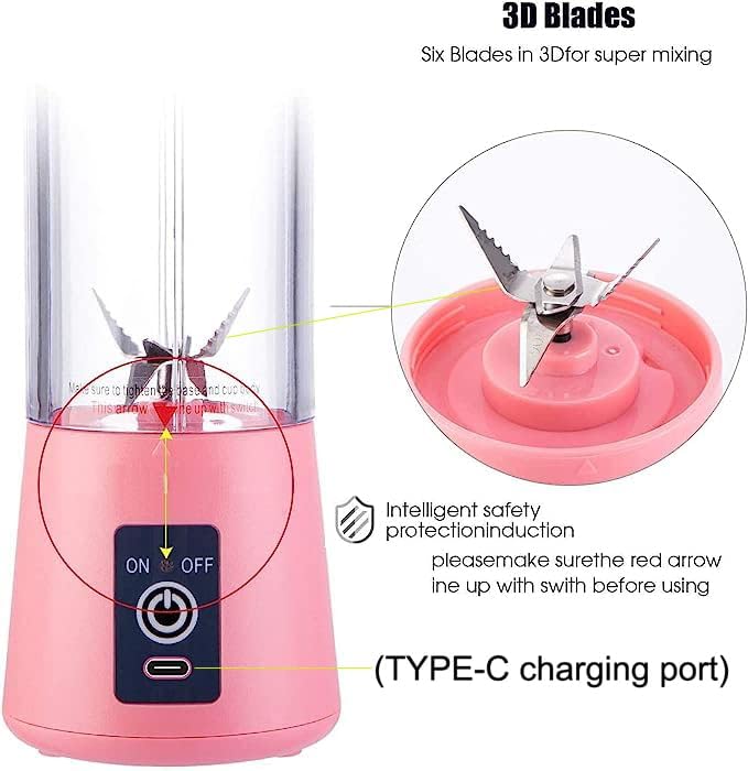 TMW Tianmingwei Portable Blender USB Personal Juicer Cup 6 Blades Rechargeable Fruit Mixing Machine for Baby Travel 400ml[New Version] (Pink) - Image 3