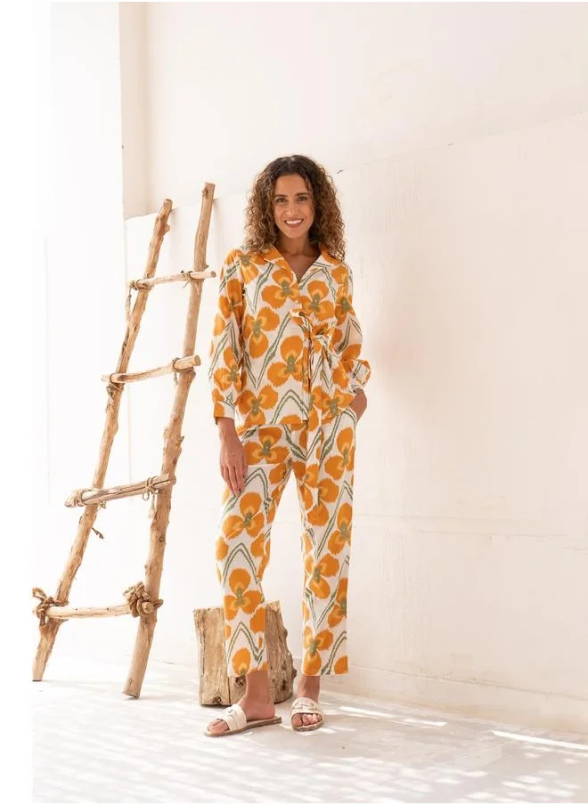 sanskrutihomes Floral Print Notch Label Neck Cotton Shirt with Trousers Co-Ords by Styli
