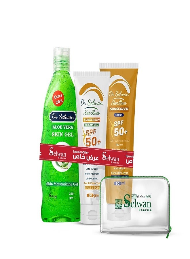 DR SELWAN Summer Care Set SPF 50 – Sunscreen Lotion & Gel, 250g Aloe Vera Gel, Free Beach Bag - Image 1