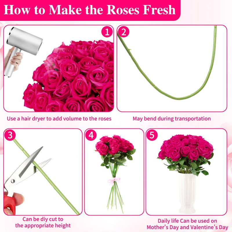 Ovveroche 150 Pcs Roses Artificial Flowers, Silk Hot Pink Artificial Flowers Petals Long Stem Roses for Wedding Bouquet Home Party Decor - Image 3