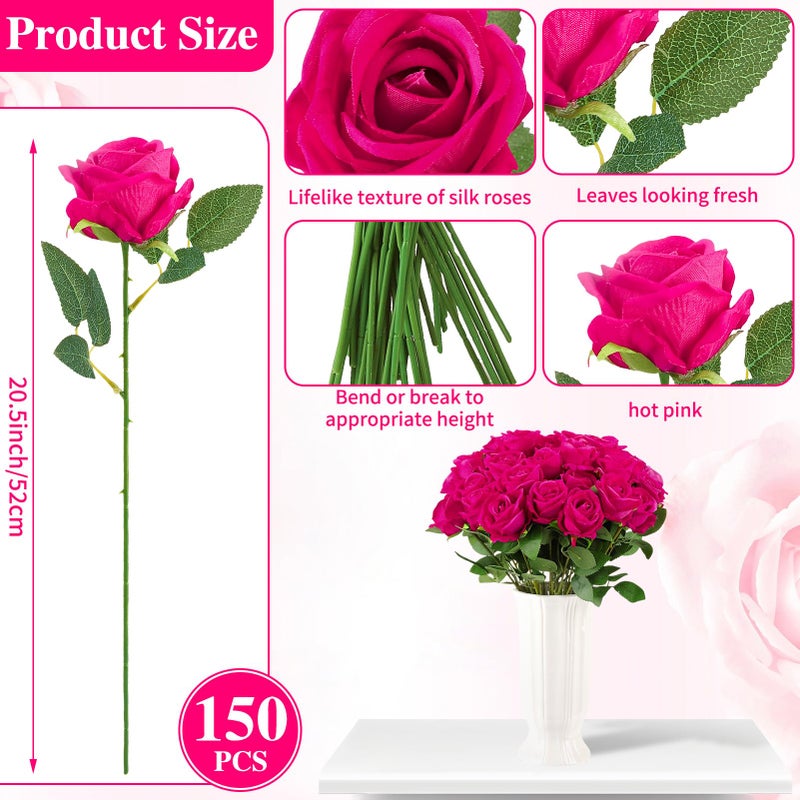 Ovveroche 150 Pcs Roses Artificial Flowers, Silk Hot Pink Artificial Flowers Petals Long Stem Roses for Wedding Bouquet Home Party Decor - Image 2