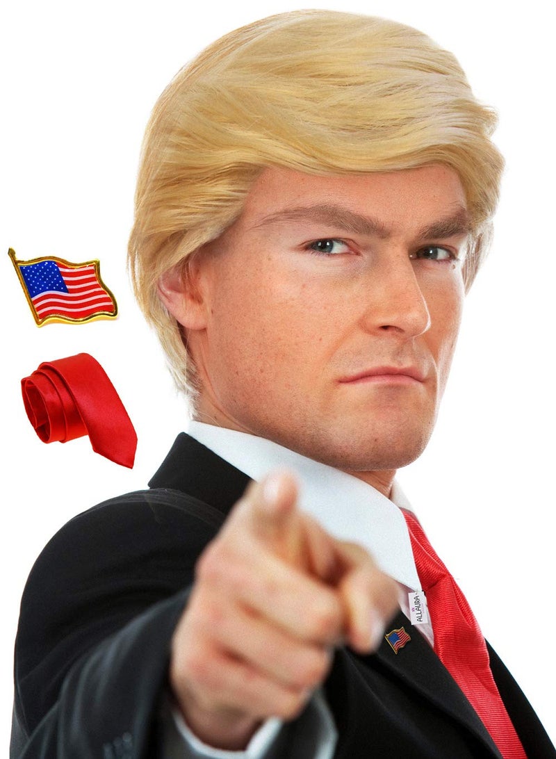 ALLAURA 3pc Donald Costume Kit Blonde Wig Red Tie Flag Pin Compatible with Pres Donald Wig Halloween Costume for Adults Couples Cosplay Political Events Parody Outfits Toupee Wig Look