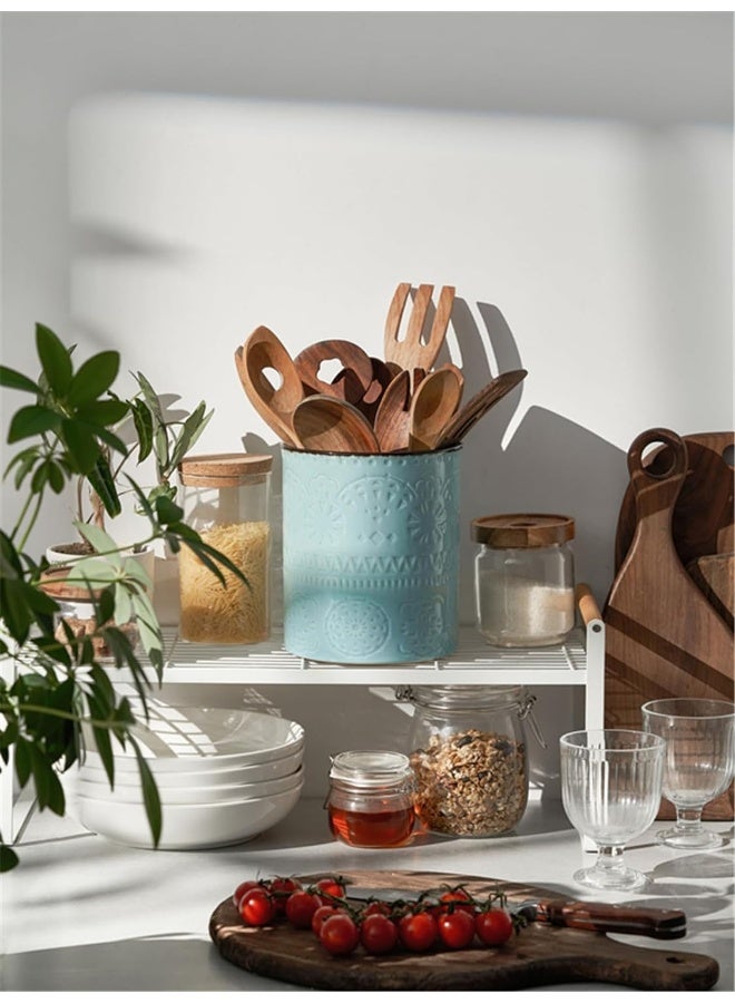 Dowan  Kitchen Utensil Holder, 7.3” Large Farmhouse Utensil Holders For Countertop, Heavy Ceramic Utensil Crock, Anti Slip And Scratch Cork Bottom, Teal Utensil Crock For Home Décor  - Image 3