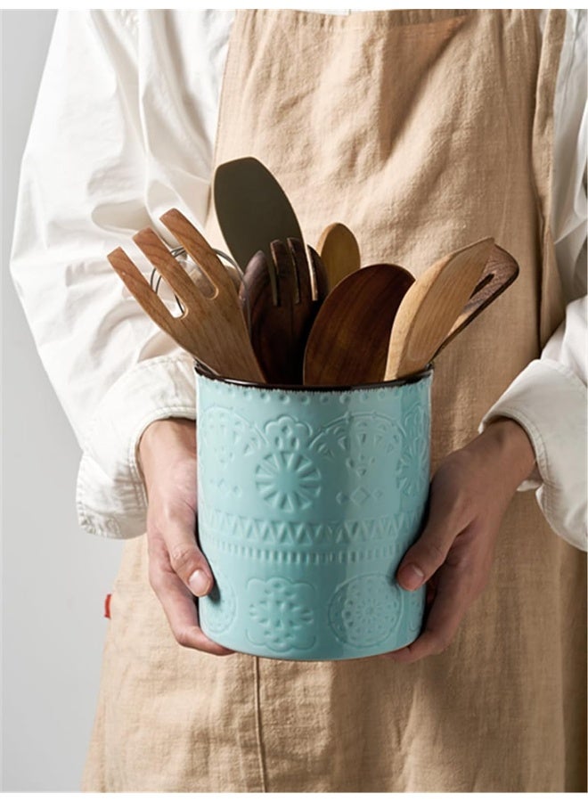 Dowan  Kitchen Utensil Holder, 7.3” Large Farmhouse Utensil Holders For Countertop, Heavy Ceramic Utensil Crock, Anti Slip And Scratch Cork Bottom, Teal Utensil Crock For Home Décor  - Image 1