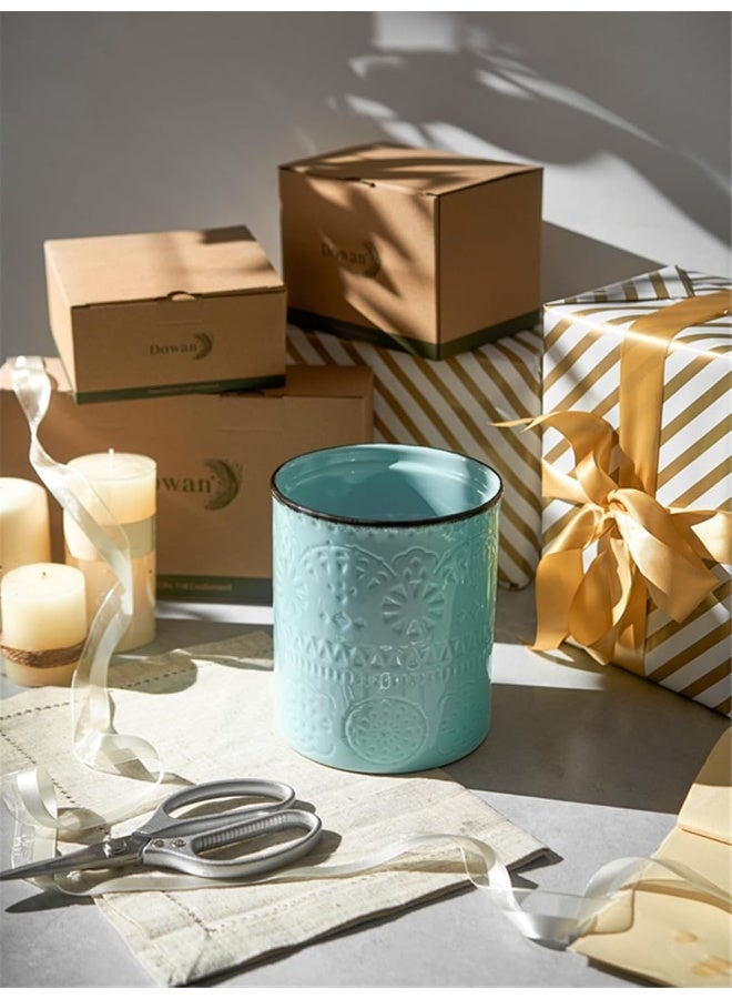 Dowan  Kitchen Utensil Holder, 7.3” Large Farmhouse Utensil Holders For Countertop, Heavy Ceramic Utensil Crock, Anti Slip And Scratch Cork Bottom, Teal Utensil Crock For Home Décor  - Image 2