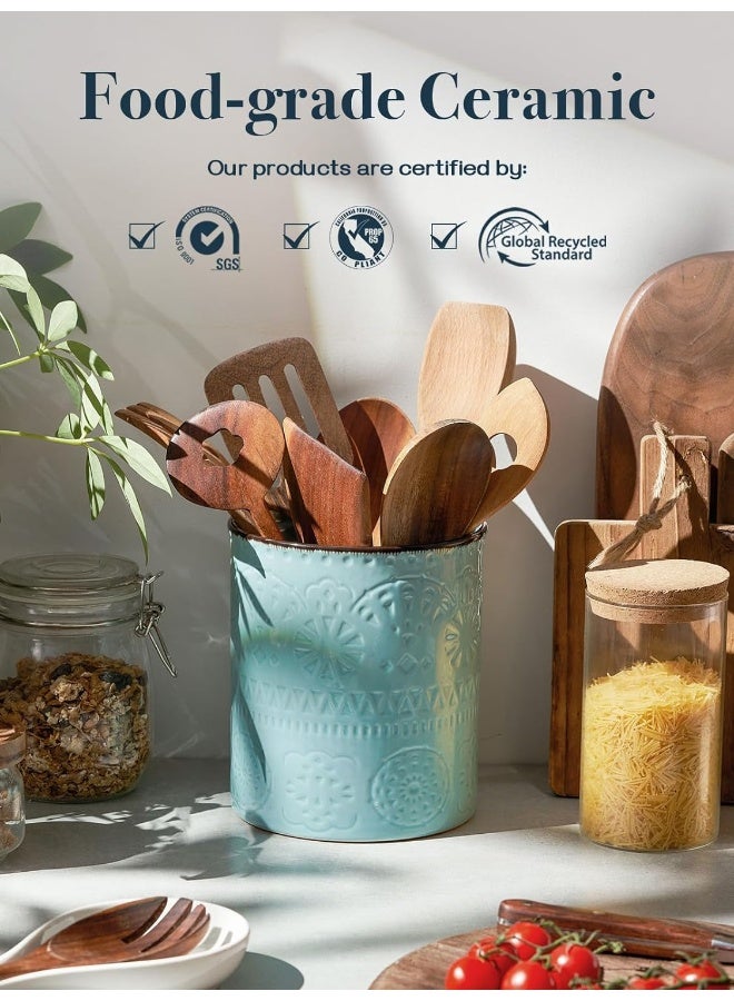 Dowan  Kitchen Utensil Holder, 7.3” Large Farmhouse Utensil Holders For Countertop, Heavy Ceramic Utensil Crock, Anti Slip And Scratch Cork Bottom, Teal Utensil Crock For Home Décor  - Image 4