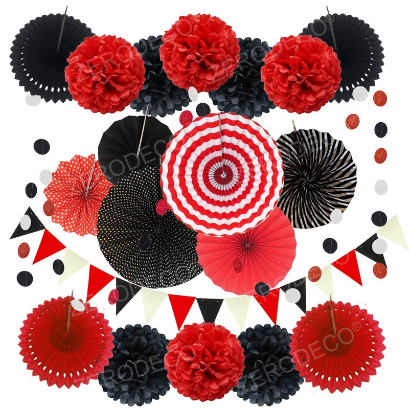 ZERODECO ZERODECO Party Decoration  21 Pcs Black and Red Hanging Paper Fans Pom Poms Flowers  Garlands String Polka Dot and Triangle Bunting Flags for Minnie Mouse Birthday Parties Baby Showers Wedding  - Image 1