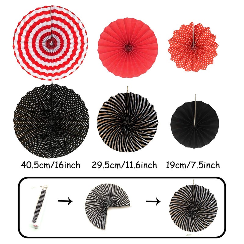 ZERODECO ZERODECO Party Decoration  21 Pcs Black and Red Hanging Paper Fans Pom Poms Flowers  Garlands String Polka Dot and Triangle Bunting Flags for Minnie Mouse Birthday Parties Baby Showers Wedding  - Image 2