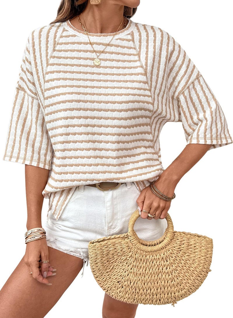 2026 Summer New and Style Women''s Round Neck Pullover Simple Versatile Striped Short-Sleeve T-Shirt - Image 1
